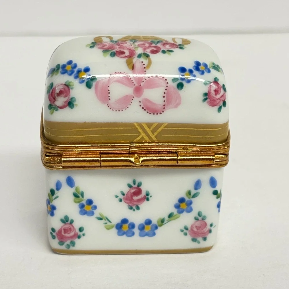 Vintage Limoges Trinket Box Two Glass Bottles Hand Painted Floral Porcelain